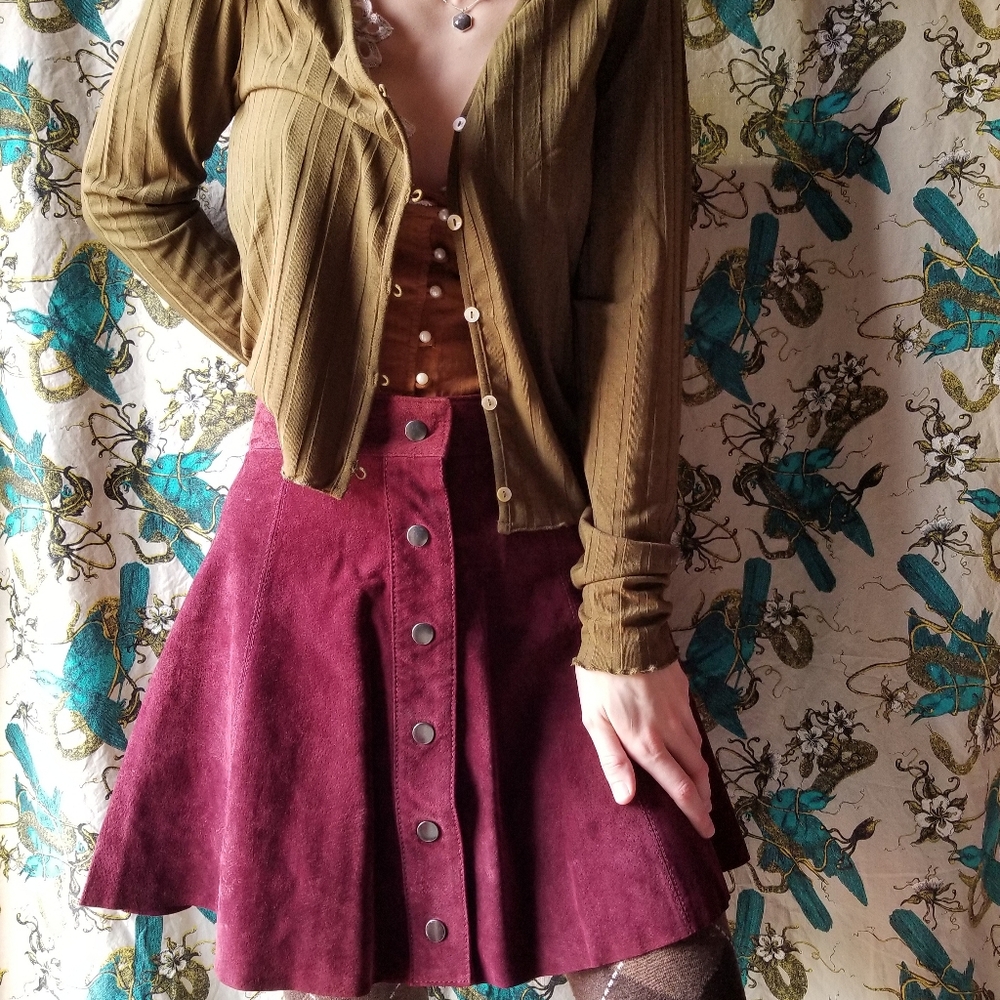 Aubergine Buttoned Suede Mini Skirt (XS)